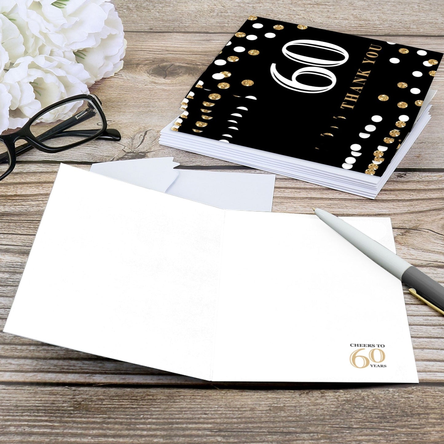 Adult 60th Birthday - Gold - Birthday Party Thank You Cards - 8 ct
