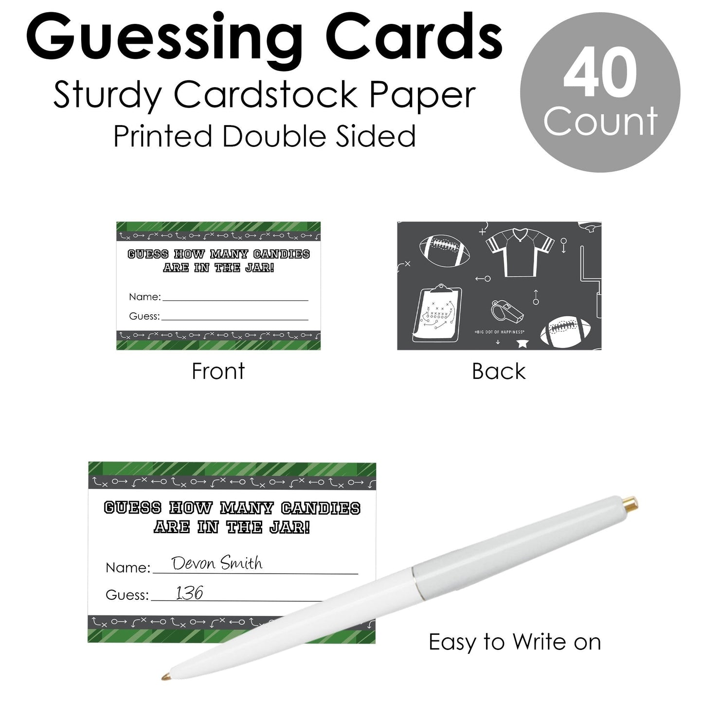 End Zone - Football - How Many Candies Baby Shower or Birthday Party Game - 1 Stand and 40 Cards - Candy Guessing Game