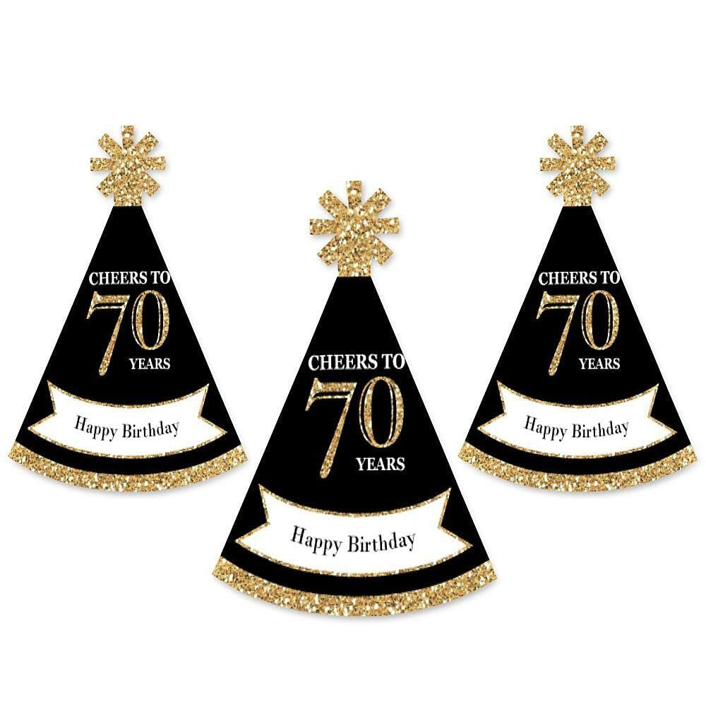 Adult 70th Birthday - Gold - Mini Cone Birthday Party Hats - Small Little Party Hats - Set of 8