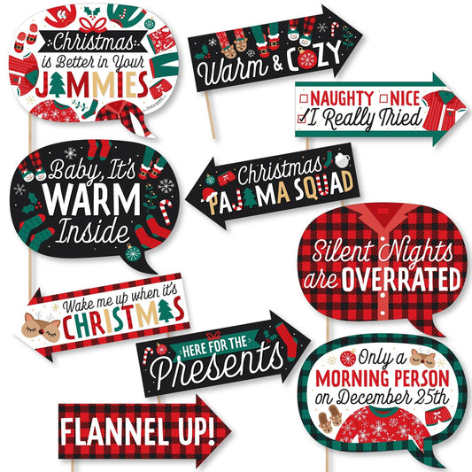 Funny Christmas Pajamas - Holiday Plaid PJ Party Photo Booth Props Kit - 10 Piece