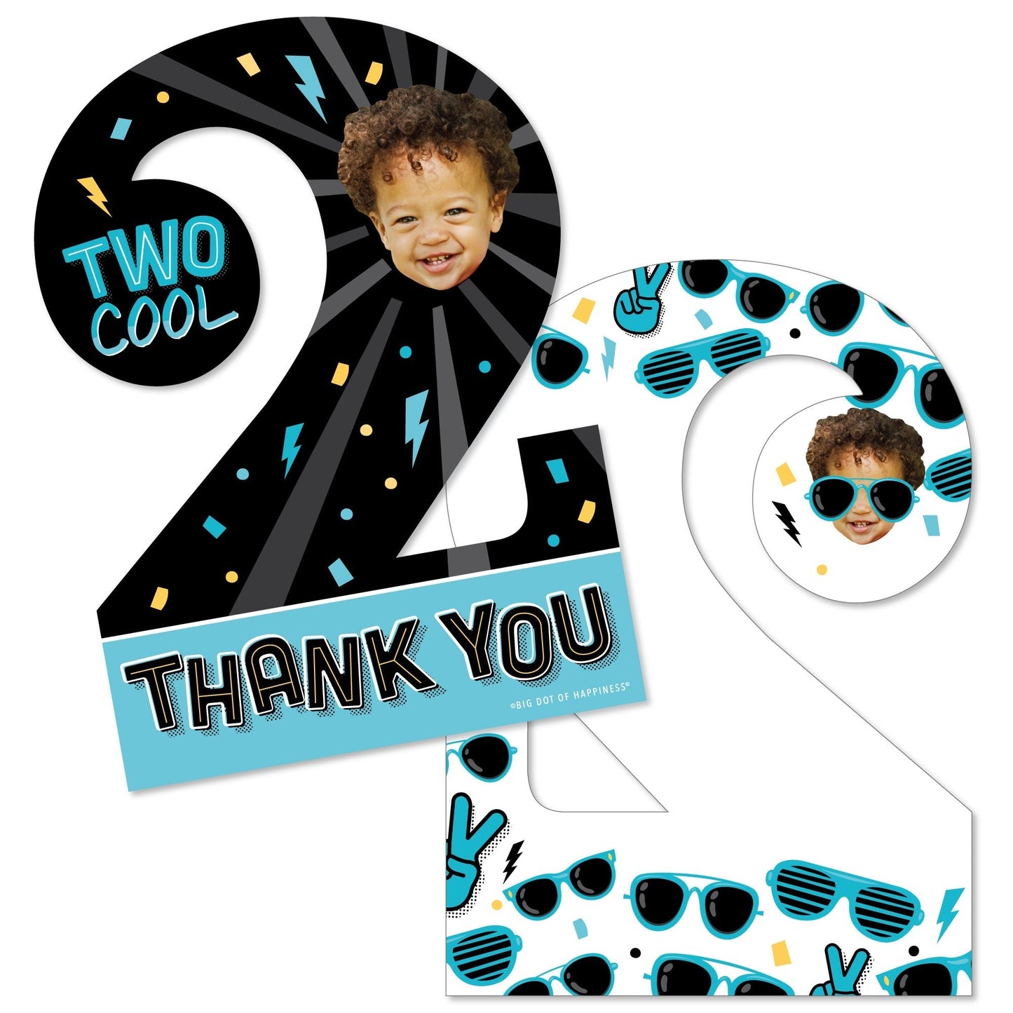 Custom Photo Two Cool - Boy - Blue 2nd Birthday Party Fun Face Shaped Thank You Cards with Envelopes - Set of 12