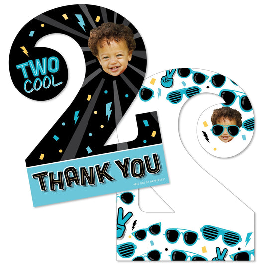 Custom Photo Two Cool - Boy - Blue 2nd Birthday Party Fun Face Shaped Thank You Cards with Envelopes - Set of 12