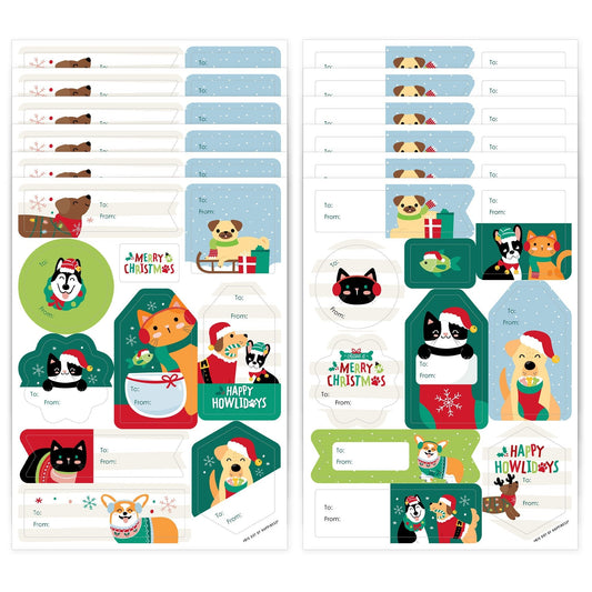 Christmas Pets - Assorted Cats and Dogs Holiday Party Gift Tag Labels - To and From Stickers - 12 Sheets - 120 Stickers