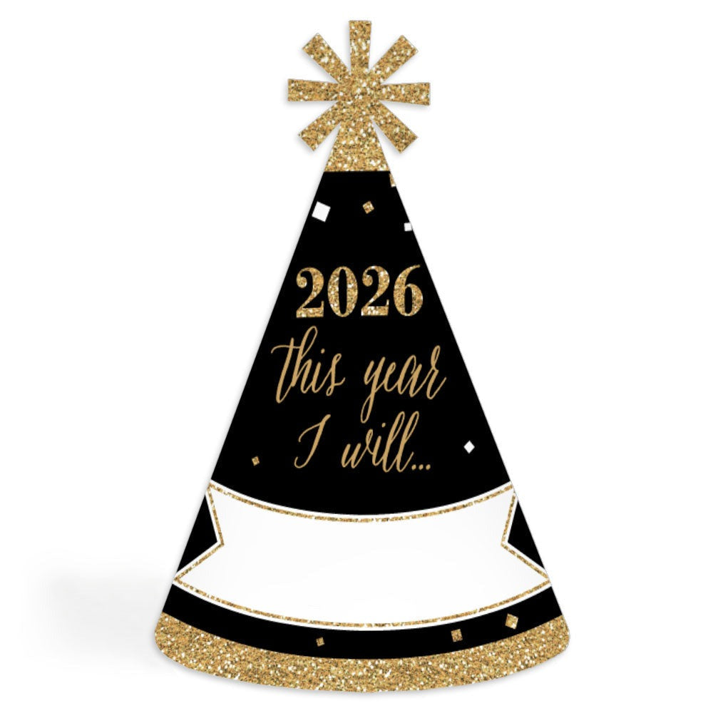 New Year's Eve - Gold - 2026 New Year's Eve Resolution Cone Party Hats for Adults - Set of 8 (Standard Size)