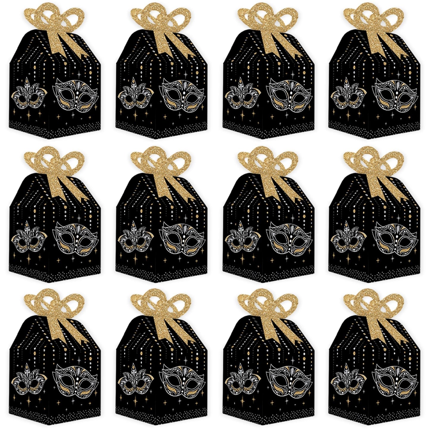 Masquerade - Square Favor Gift Boxes - Venetian Mask Party Bow Boxes - Set of 12