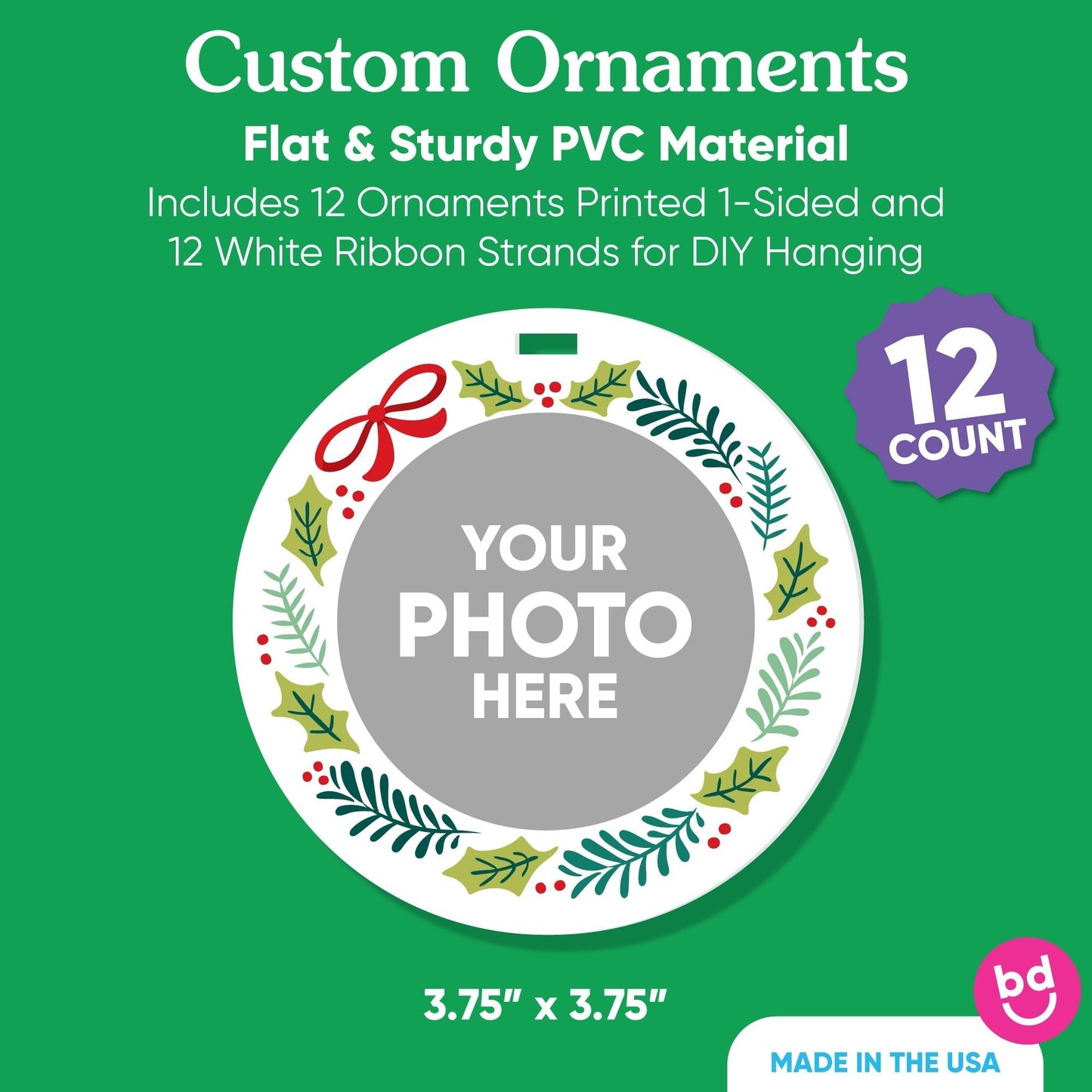 Custom Photo Holiday Wreath Tree Ornaments - 12 Ct