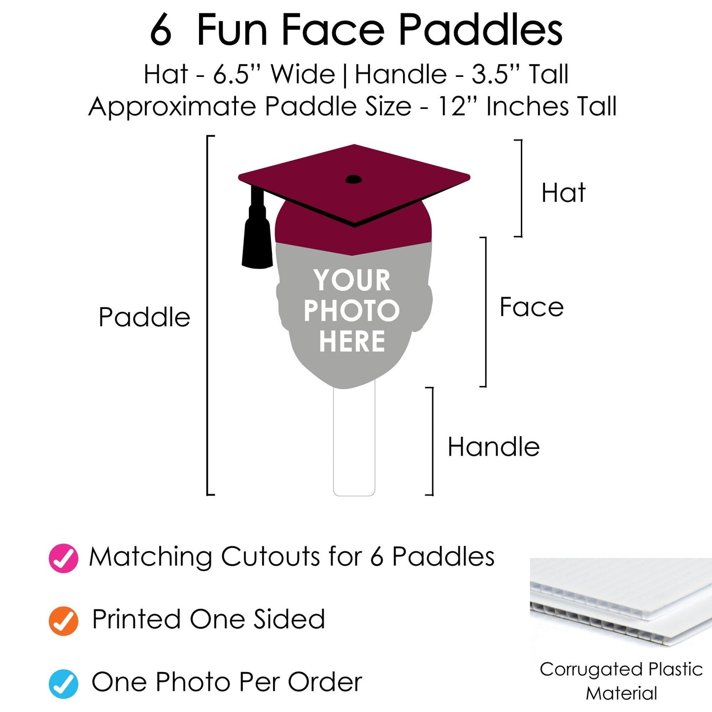 Custom Fun Face Maroon Grad Paddles - 6 Ct