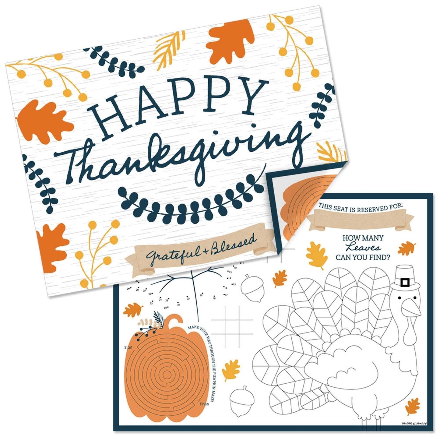 Happy Thanksgiving - Paper Fall Harvest Party Coloring Sheets - Activity Placemats - Set of 16