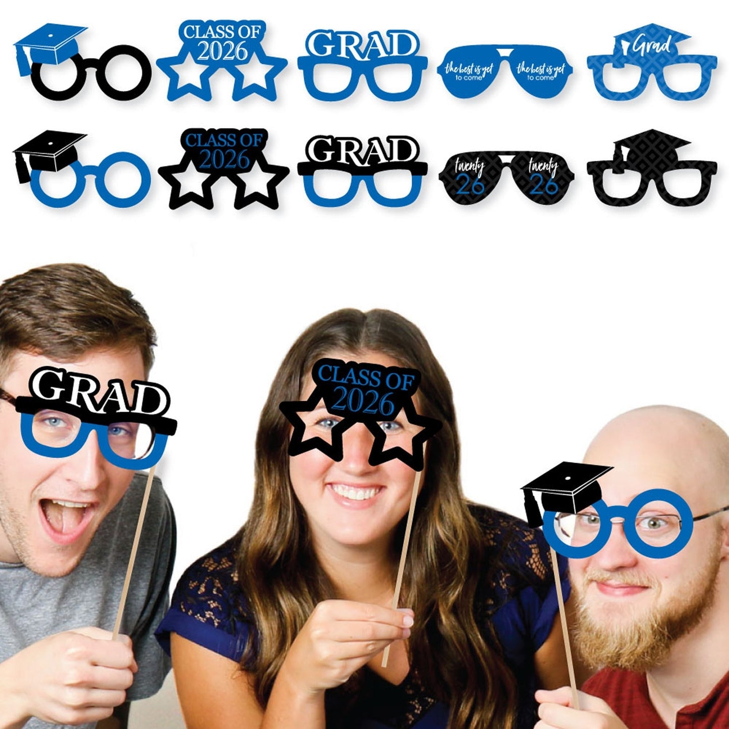 Blue Grad Glasses - Best is Yet to Come - Blue 2026 Paper Card Stock Graduation Party Photo Booth Props Kit - 10 Count