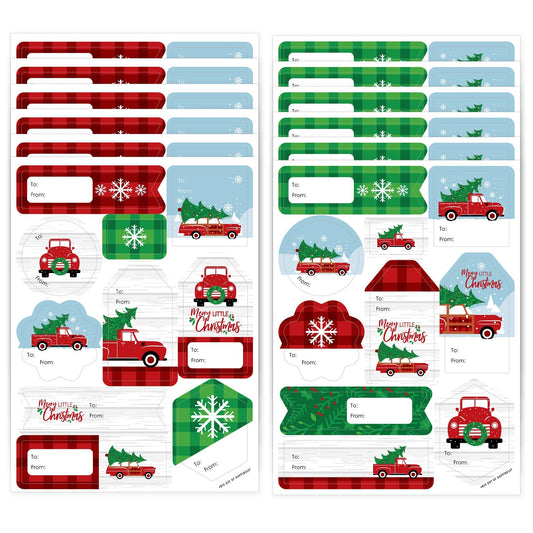 Merry Little Christmas Tree - Assorted Red Truck and Car Christmas Party Gift Tag Labels - To and From Stickers - 12 Sheets - 120 Stickers