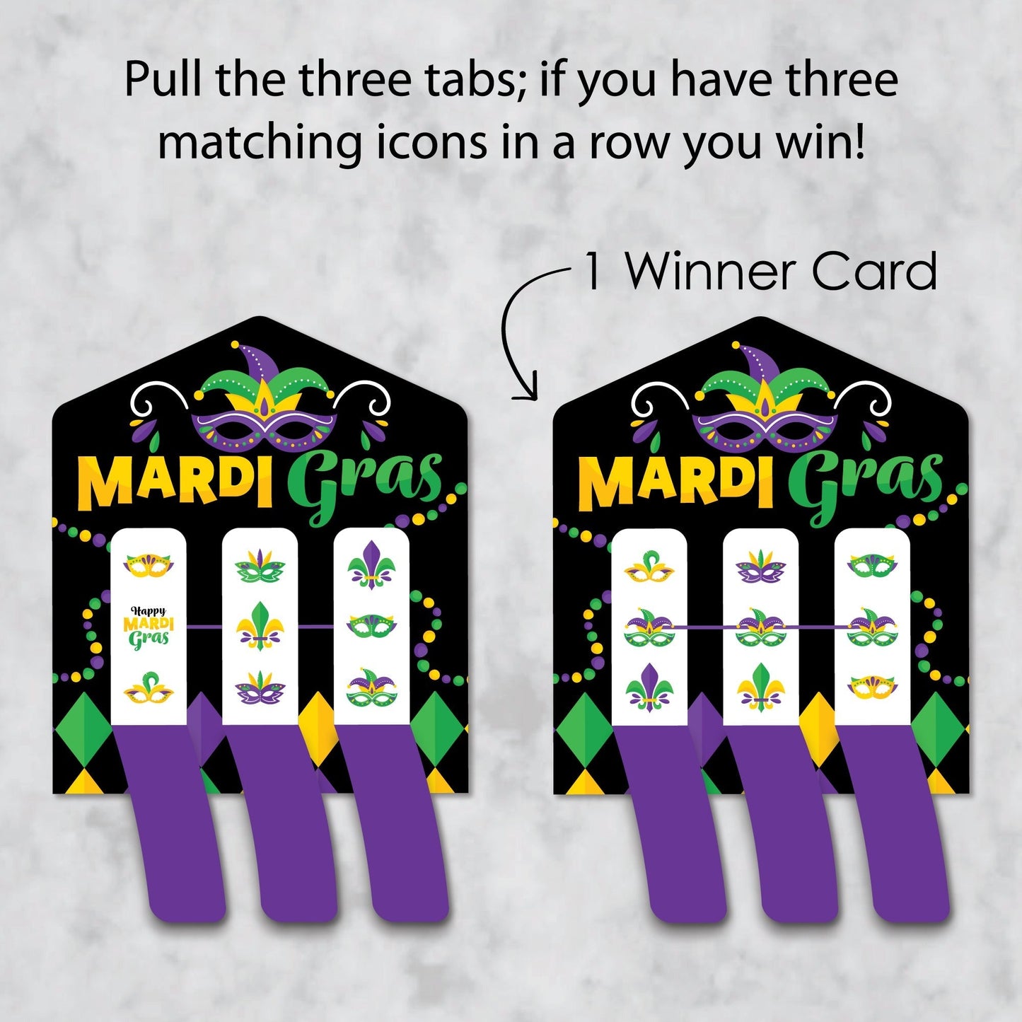 Colorful Mardi Gras Mask - Masquerade Party Game Pickle Cards - Pull Tabs 3-in-a-Row - Set of 12