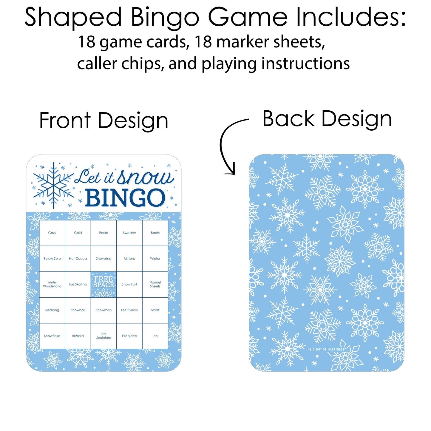 Blue Snowflakes - Bingo Cards and Markers - Winter Holiday Party Bingo Game - Set of 18