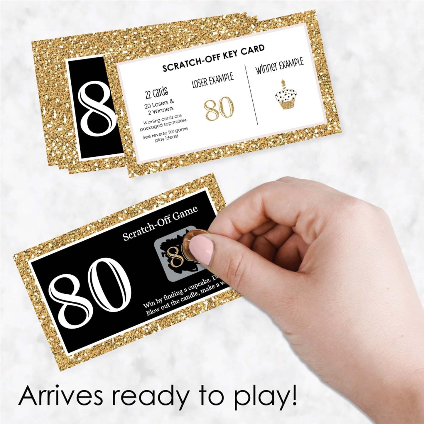 Adult 80th Birthday - Gold - Birthday Party Game Scratch Off Cards - 22 ct