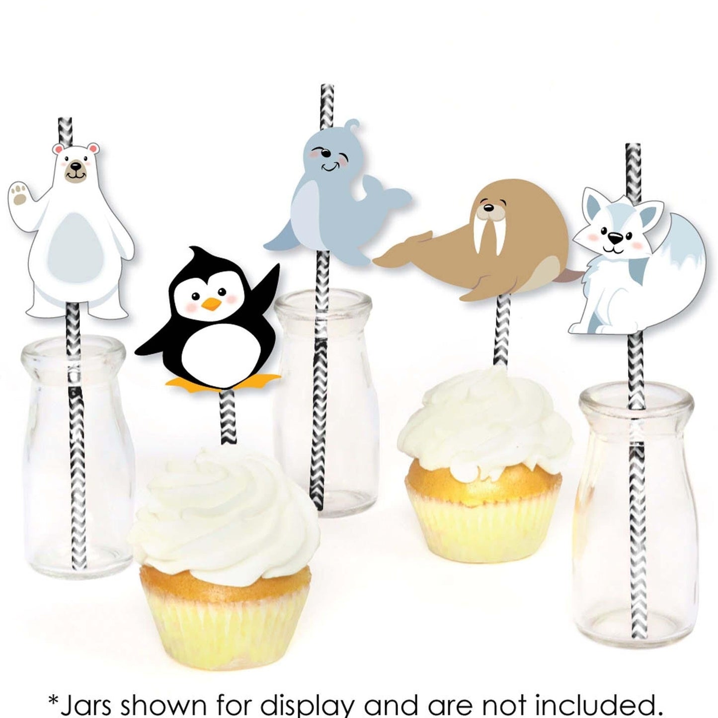 Arctic Polar Animals - Paper Straw Decor - Winter Baby Shower or Birthday Party Striped Decorative Straws - Set of 24