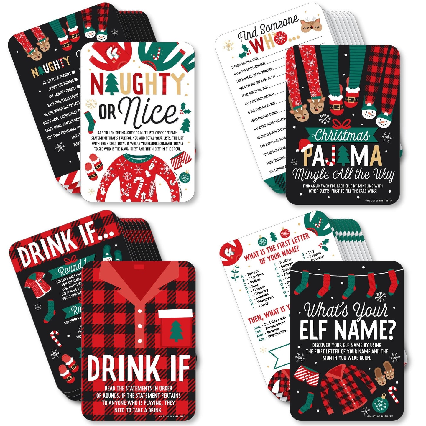 Christmas Pajamas - 4 Holiday Plaid PJ Party Games - 10 Cards Each - Gamerific Bundle