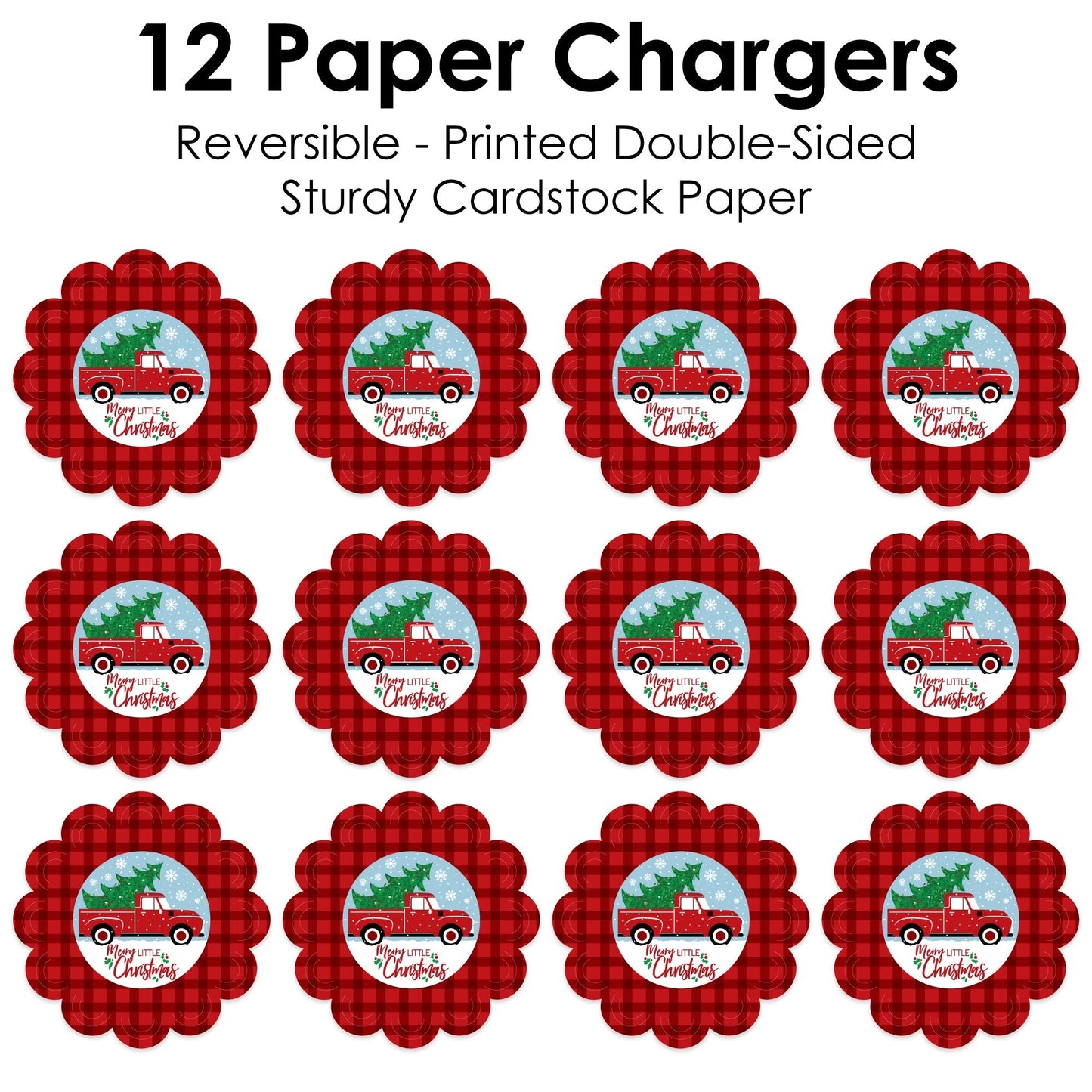 Merry Little Christmas Tree - Red Truck Christmas Party Round Table Decorations - Paper Chargers - Place Setting For 12