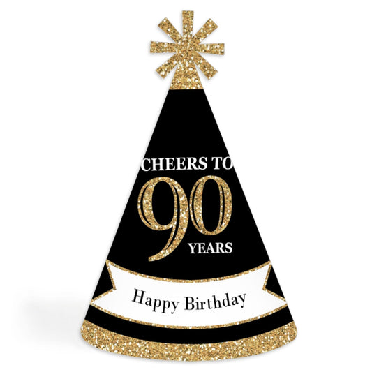 Adult 90th Birthday - Gold - Cone Birthday Party Hats for Adults - Set of 8 (Standard Size)