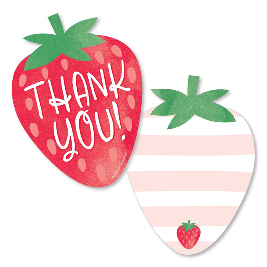 Berry Sweet Strawberry - Shaped Thank You Cards - Fruit Themed Birthday Party or Baby Shower Thank You Note Cards with Envelopes - Set of 12