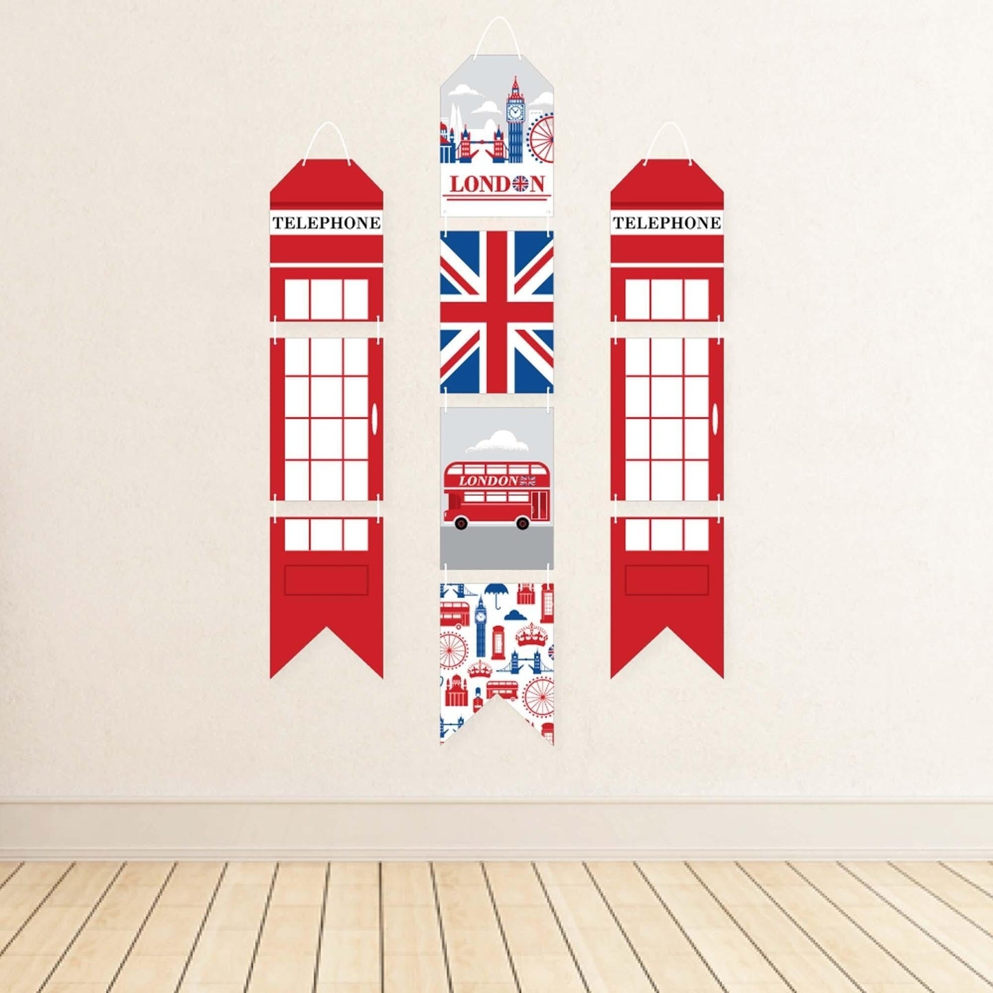 Cheerio, London - Hanging Vertical Paper Door Banners - British UK Party Wall Decoration Kit - Indoor Door Decor