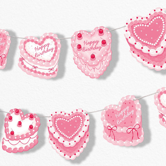 Pink Heart Cake Garland Banner - 15 Pc
