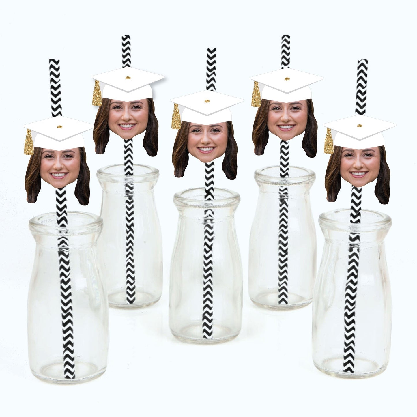 Custom Fun Face White & Gold Grad Cap Straw Decor - 24 Ct