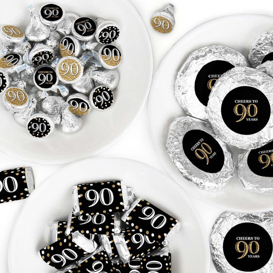 Adult 90th Birthday - Gold - Mini Candy Bar Wrappers, Round Candy Stickers and Circle Stickers - Birthday Party Candy Favor Sticker Kit - 304 Pieces