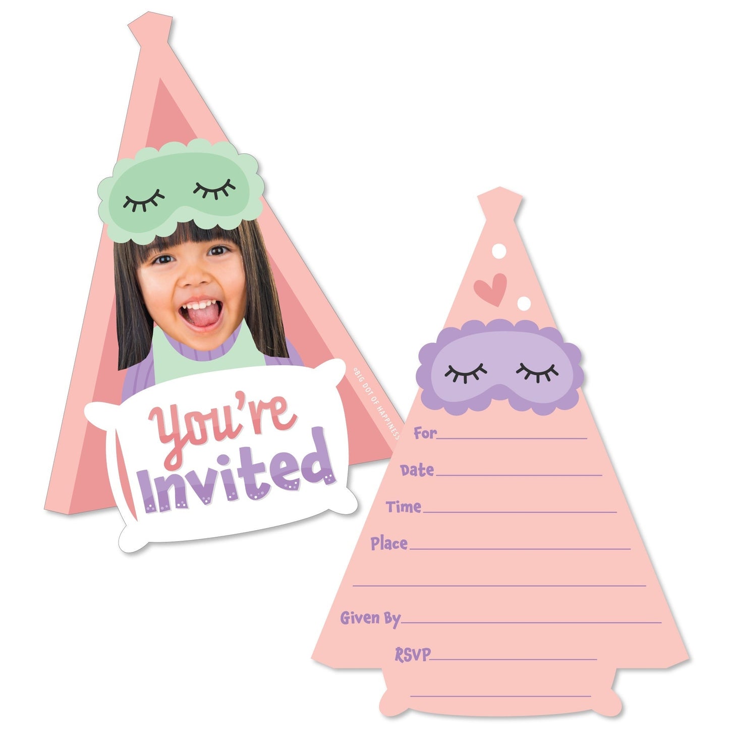 Custom Photo Pajama Slumber Party - Girls Sleepover Birthday Party Fun Face Shaped Fill-In Invitation Cards with Envelopes - Set of 12