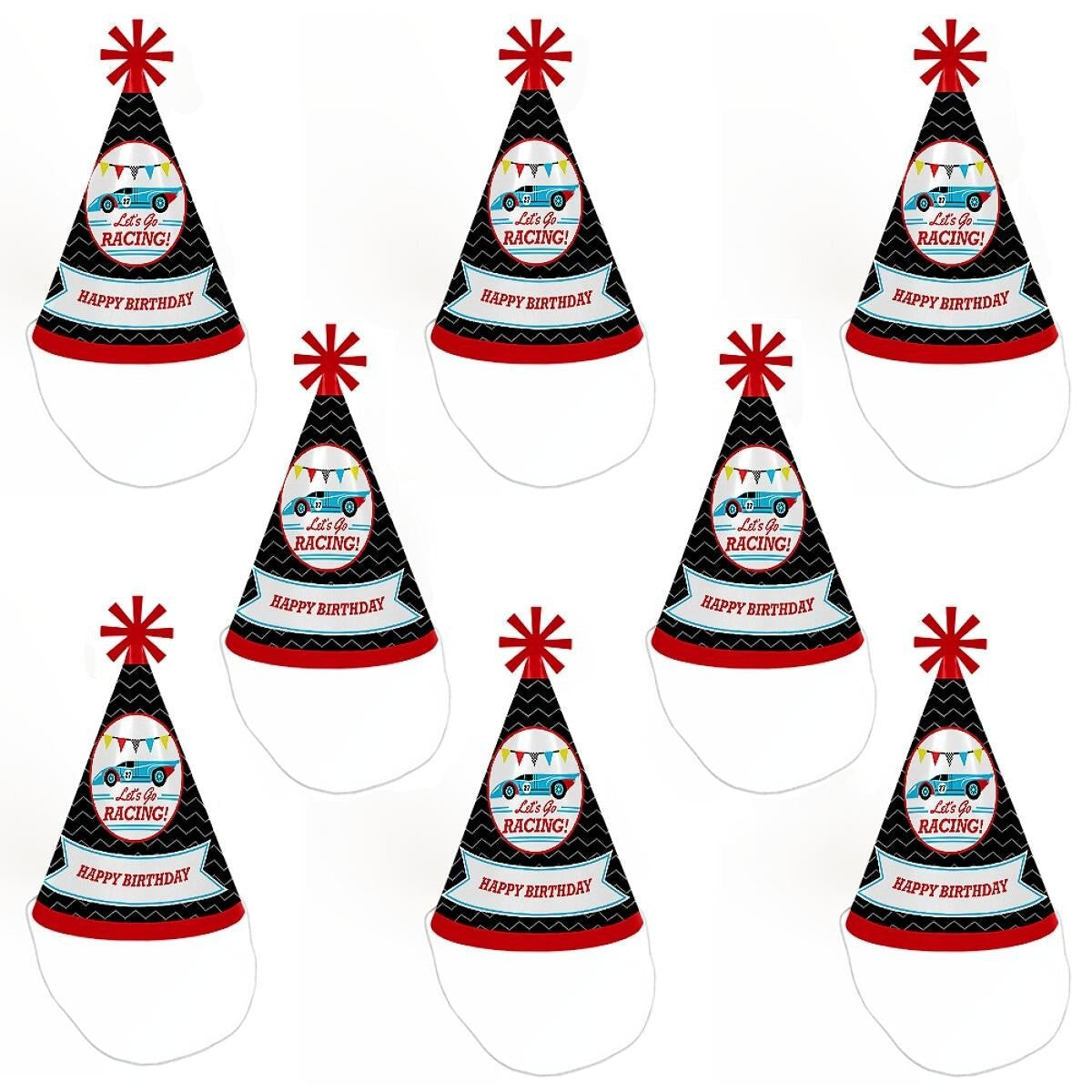 Let's Go Racing - Racecar - Cone Race Car Happy Birthday Party Hats for Kids and Adults - Set of 8 (Standard Size)