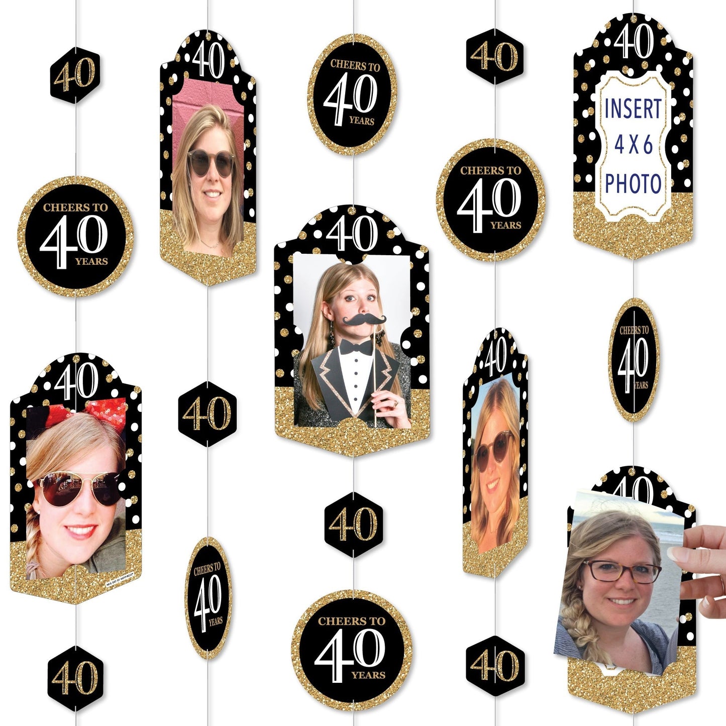 Adult 40th Birthday - Gold - Birthday Party DIY Backdrop Decor - Hanging Vertical Photo Garland - 35 Pieces
