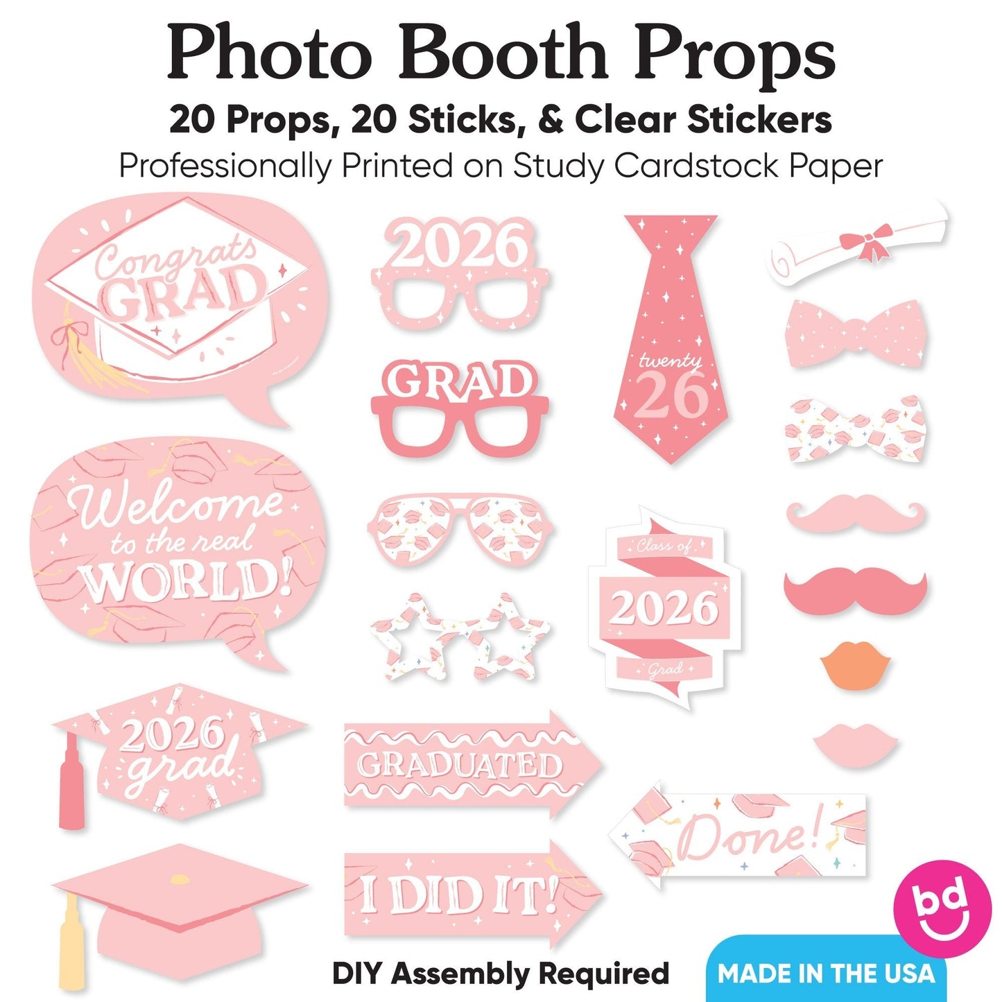 Pastel Grad - 2026 Graduation Party Photo Booth Props Kit - 20 Count