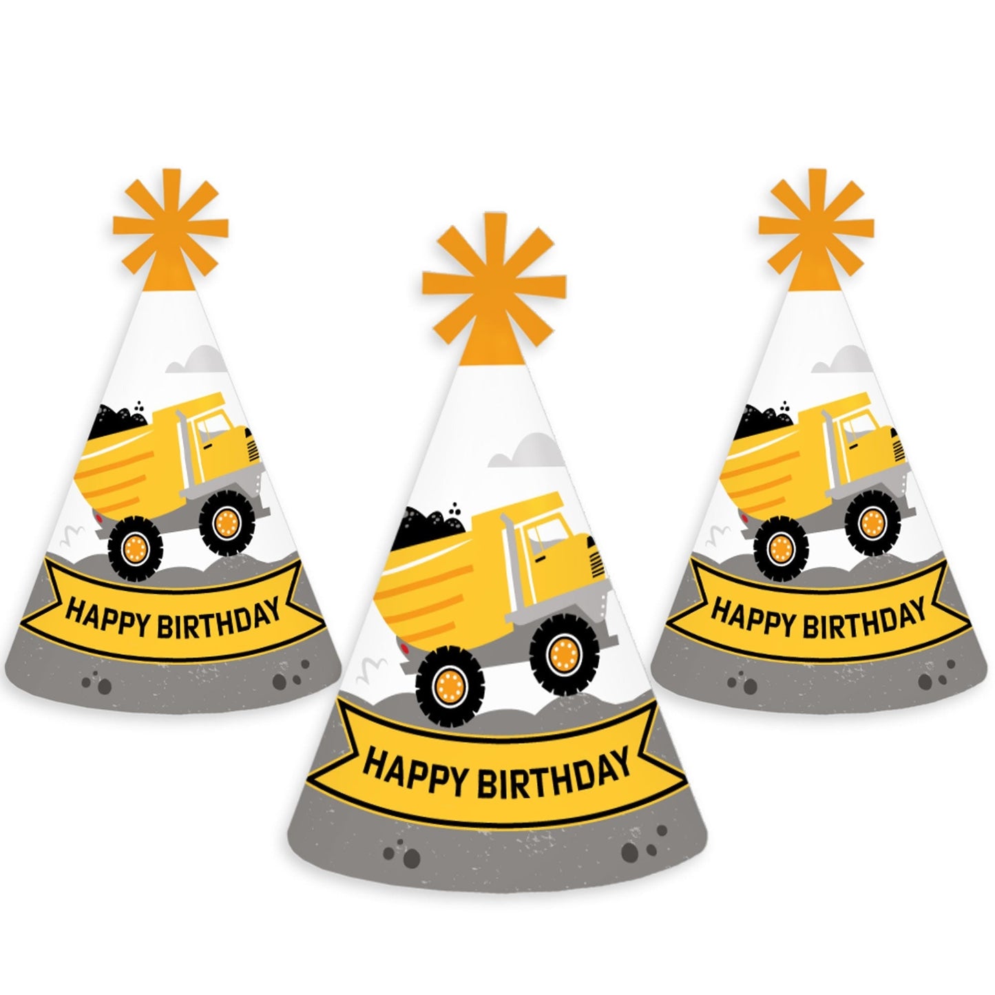 Dig It - Construction Party Zone - Cone Happy Birthday Party Hats for Kids and Adults - Set of 8 (Standard Size)