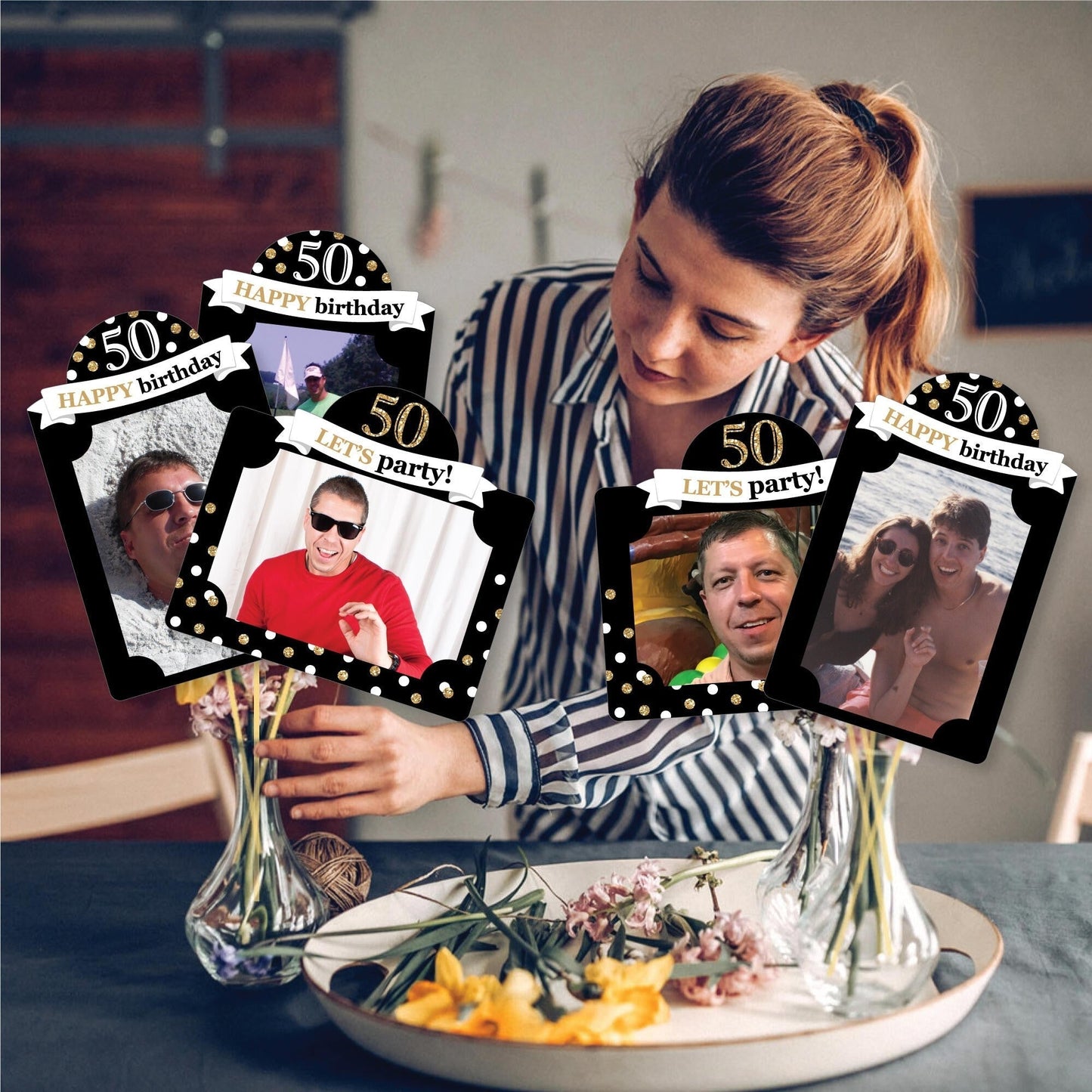 Adult 50th Birthday - Gold - Birthday Party Picture Centerpiece Sticks - Photo Table Toppers - 15 Pieces