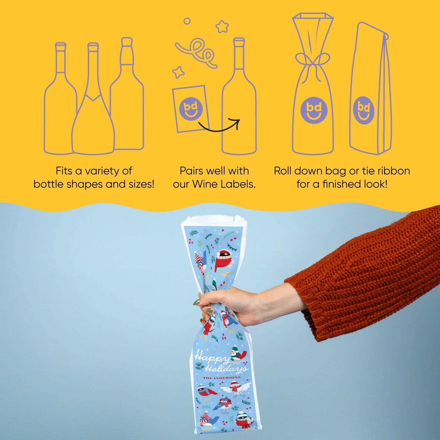 Custom Text Wine Bags - Winter Birds