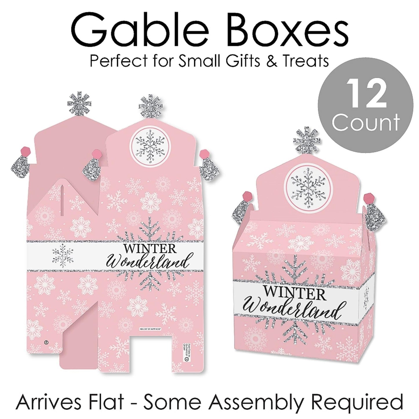 Pink Winter Wonderland - Treat Box Party Favors - Holiday Snowflake Birthday Party and Baby Shower Goodie Gable Boxes - Set of 12
