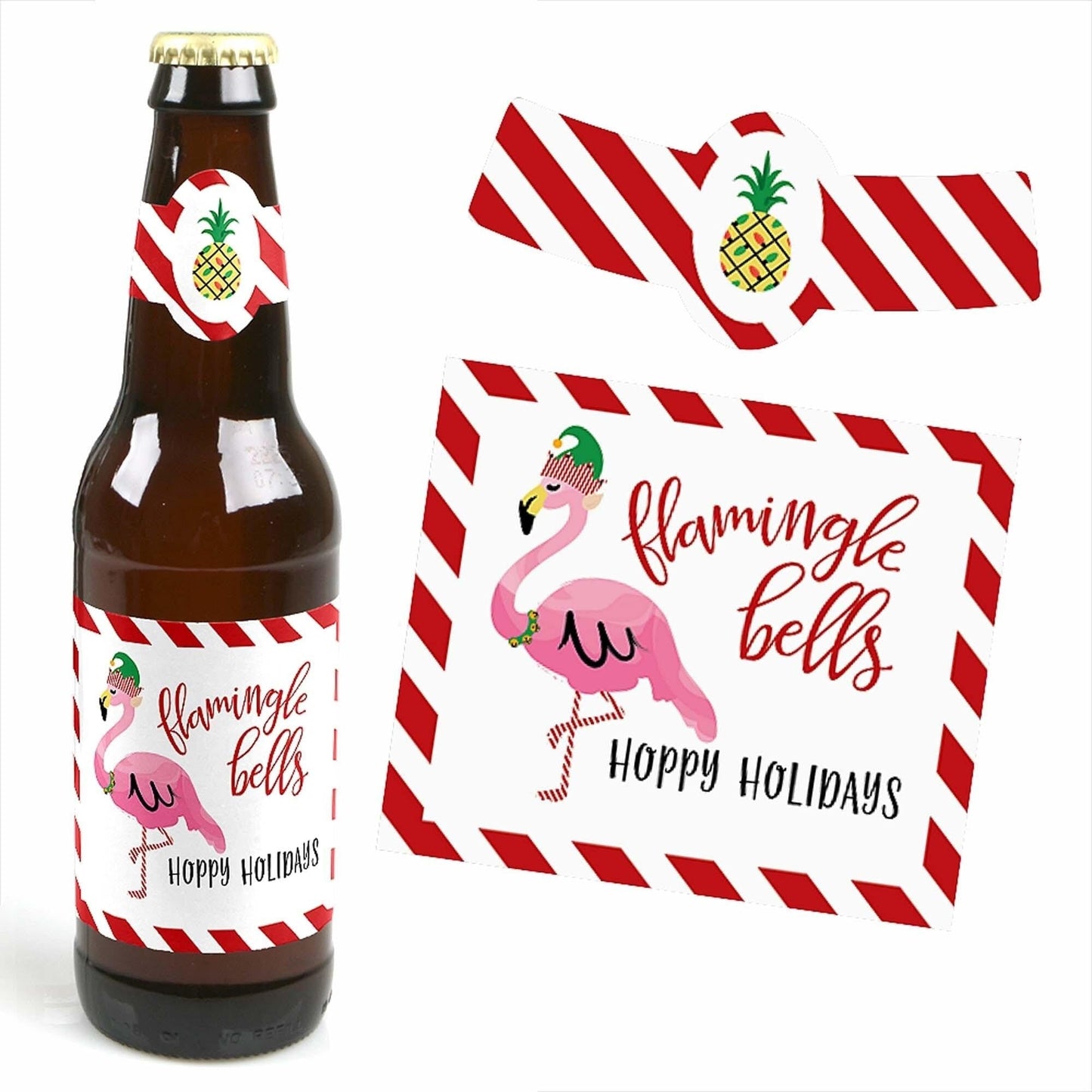 Flamingle Bells - Decorations for Women and Men - 6 Tropical Flamingo Christmas Beer Bottle Label Stickers and 1 Carrier