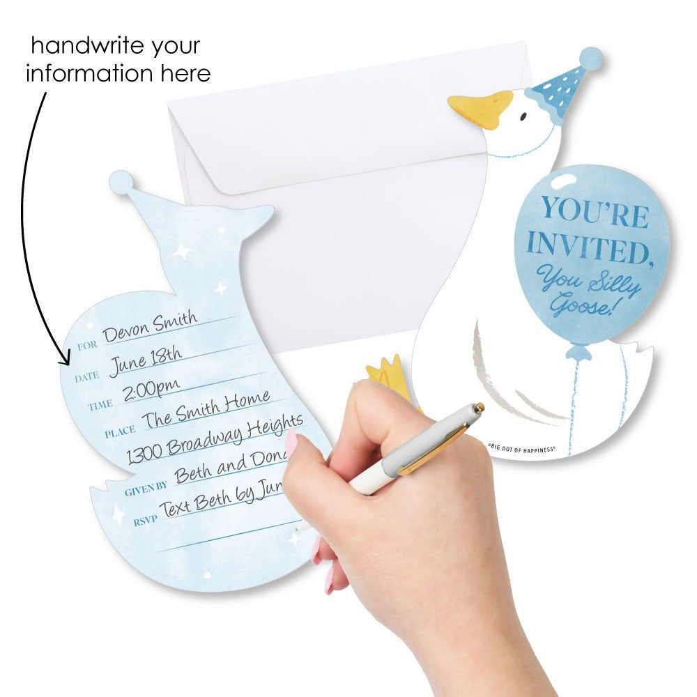 One Silly Goose Blue Shaped Fill-In Invitations - 12 Ct
