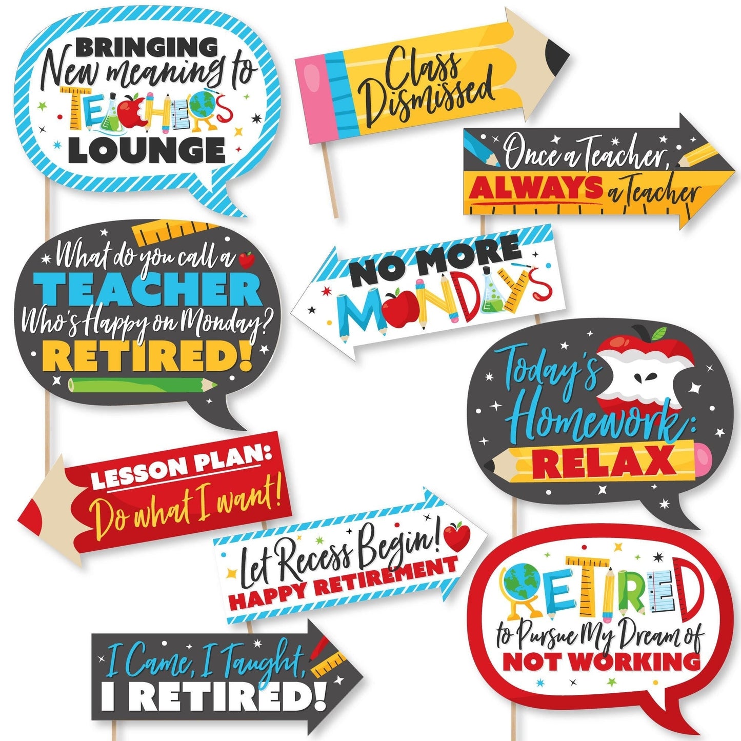 Funny Teacher Retirement - Happy Retirement Party Photo Booth Props Kit - 10 Piece