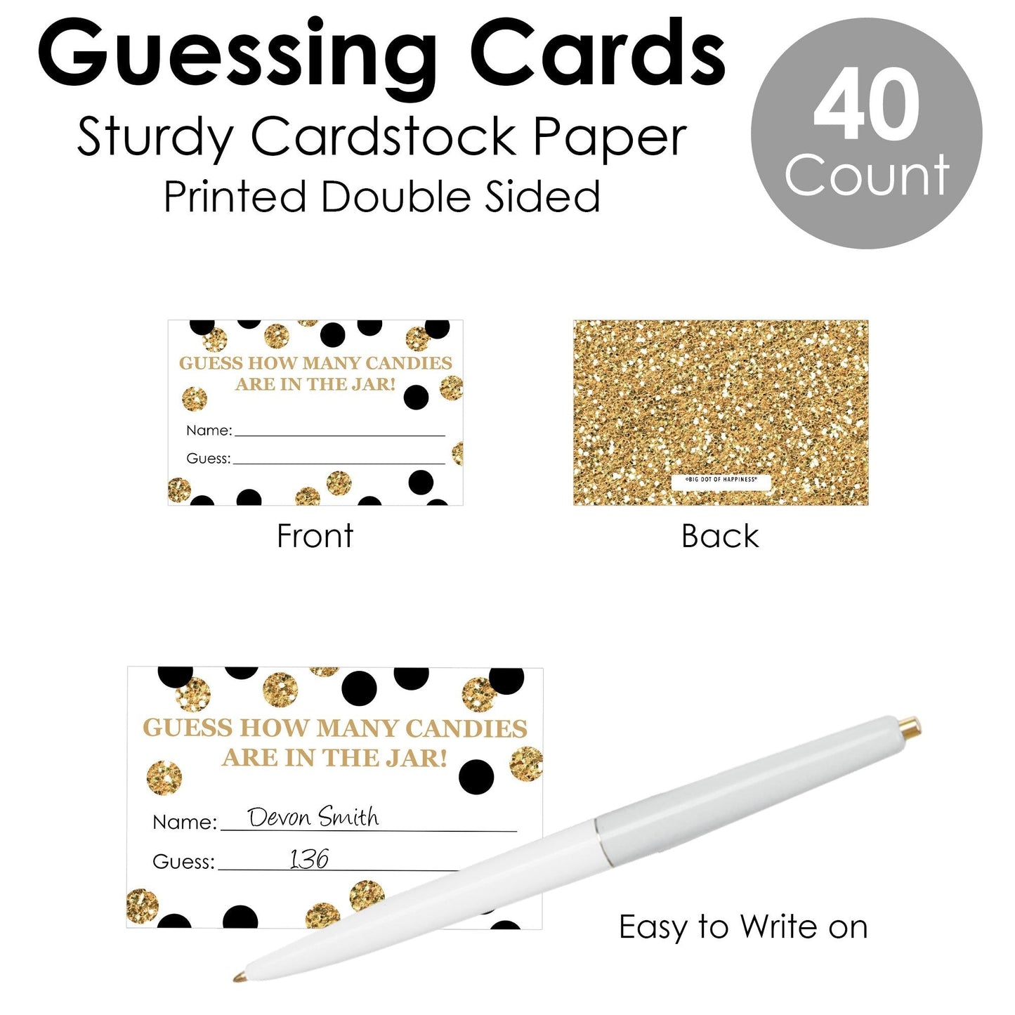 Adult 80th Birthday - Gold - How Many Candies Birthday Party Game - 1 Stand and 40 Cards - Candy Guessing Game