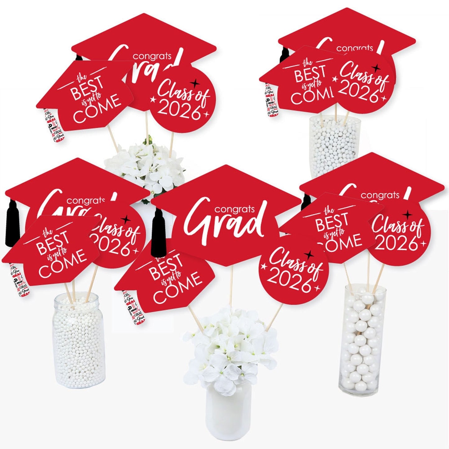 Red Grad - Best is Yet to Come - 2026 Red Graduation Party Centerpiece Sticks - Table Toppers - Set of 15