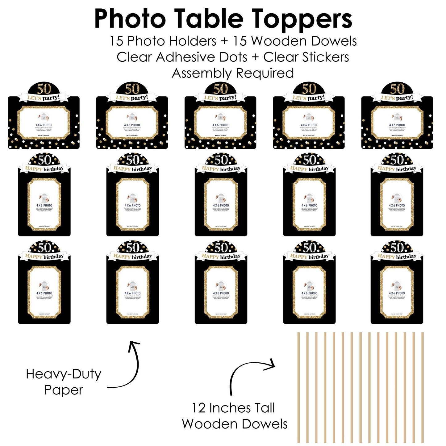 Adult 50th Birthday - Gold - Birthday Party Picture Centerpiece Sticks - Photo Table Toppers - 15 Pieces