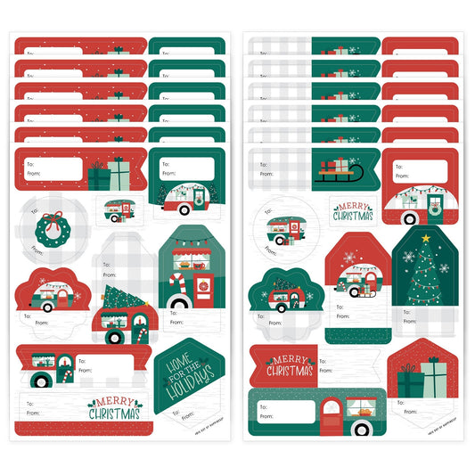 Camper Christmas - Assorted Red and Green Holiday Party Gift Tag Labels - To and From Stickers - 12 Sheets - 120 Stickers