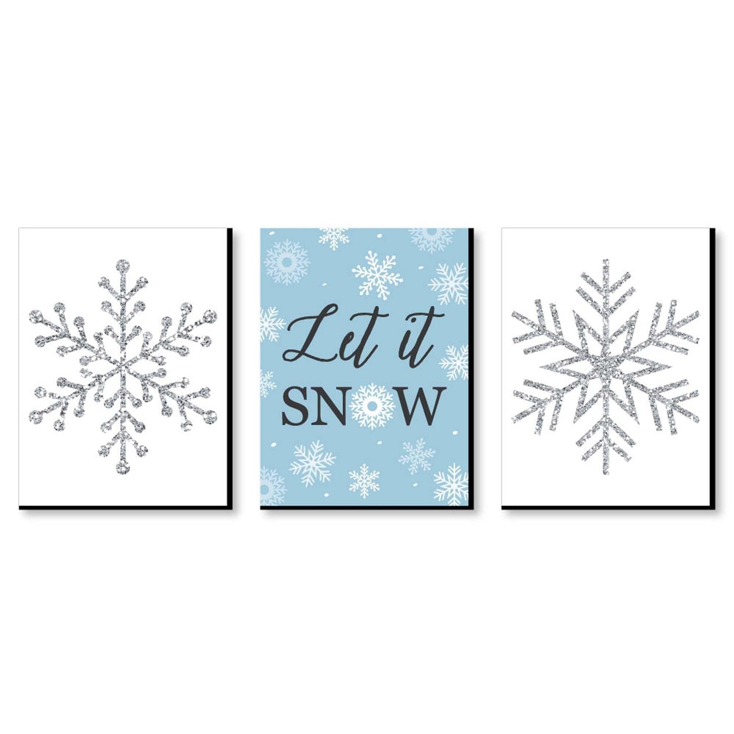 Winter Wonderland - Let It Snow Holiday Wall Art and Blue Snowflake Decor - 7.5 x 10 inches - Set of 3 Prints