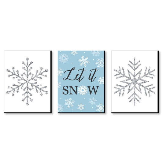 Winter Wonderland - Let It Snow Holiday Wall Art and Blue Snowflake Decor - 7.5 x 10 inches - Set of 3 Prints