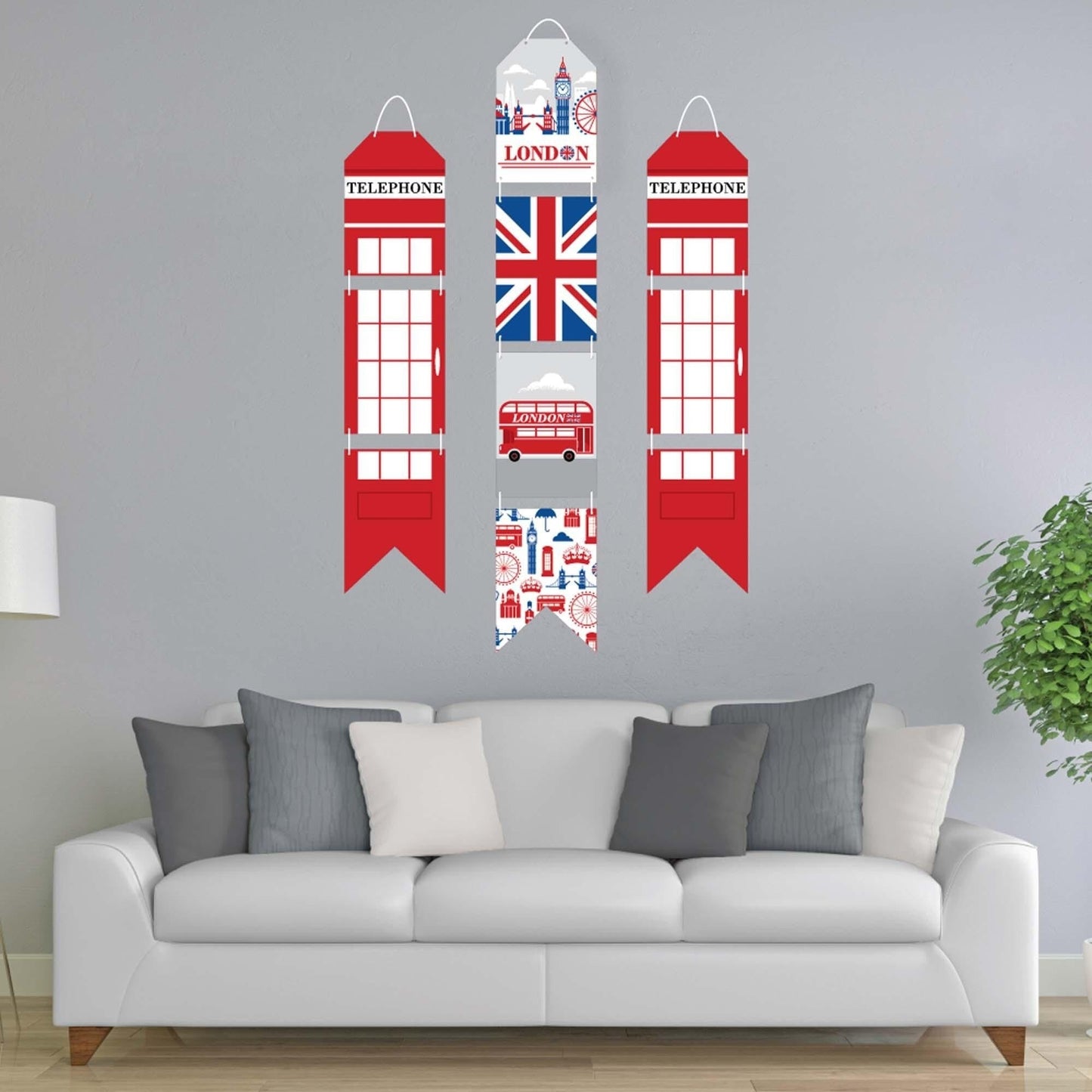 Cheerio, London - Hanging Vertical Paper Door Banners - British UK Party Wall Decoration Kit - Indoor Door Decor