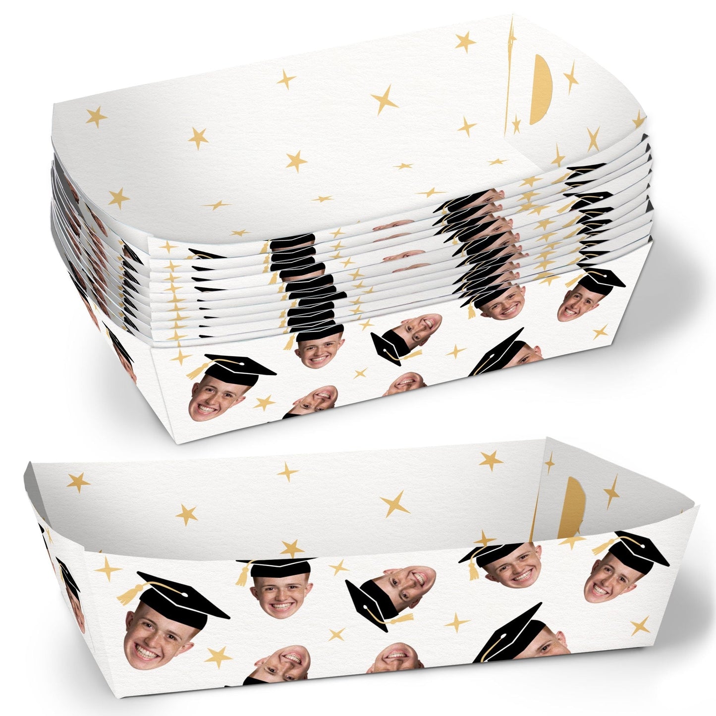 Custom Face Black and Gold Graduation Paper Food Trays - 12 Ct