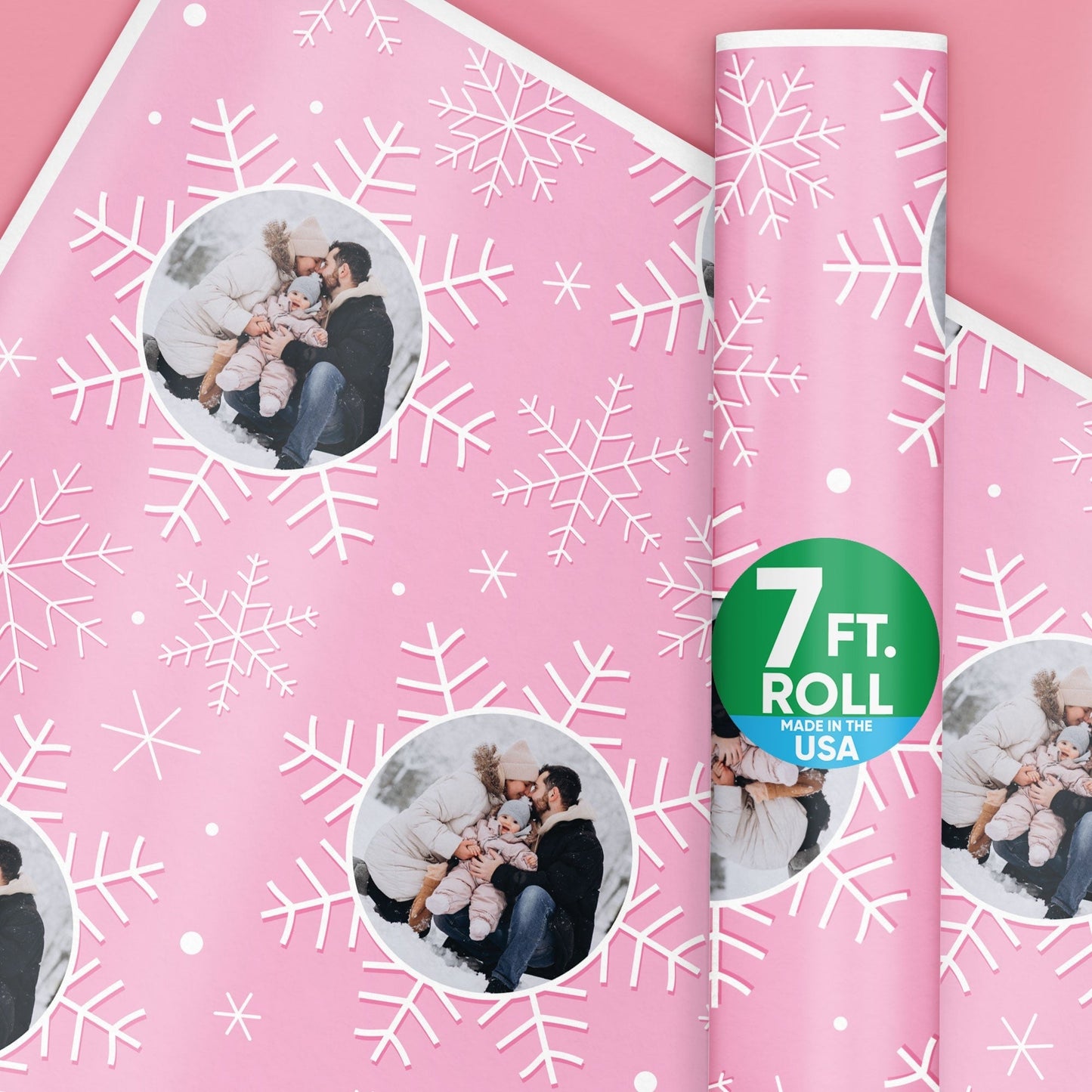 Custom Photo Wrapping Paper - Pink Snowflakes