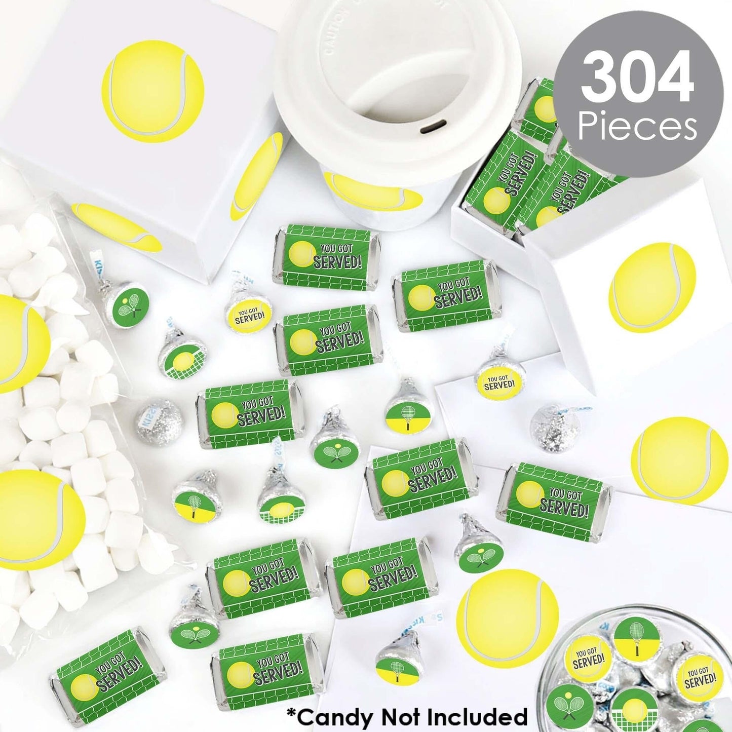 You Got Served - Tennis - Mini Candy Bar Wrappers, Round Candy Stickers and Circle Stickers - Baby Shower or Tennis Ball Birthday Party Candy Favor Sticker Kit - 304 Pieces