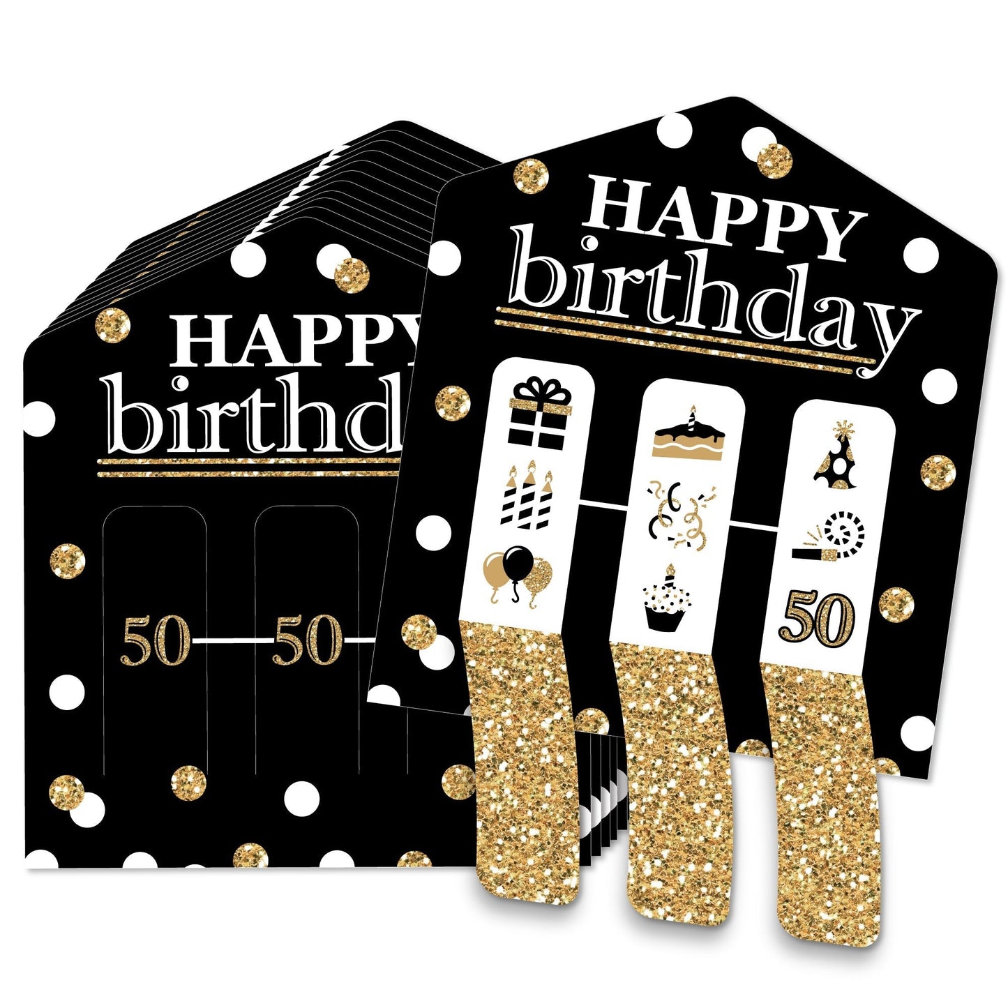 Adult 50th Birthday - Gold - Birthday Party Game Pickle Cards - Pull Tabs 3-in-a-Row - Set of 12