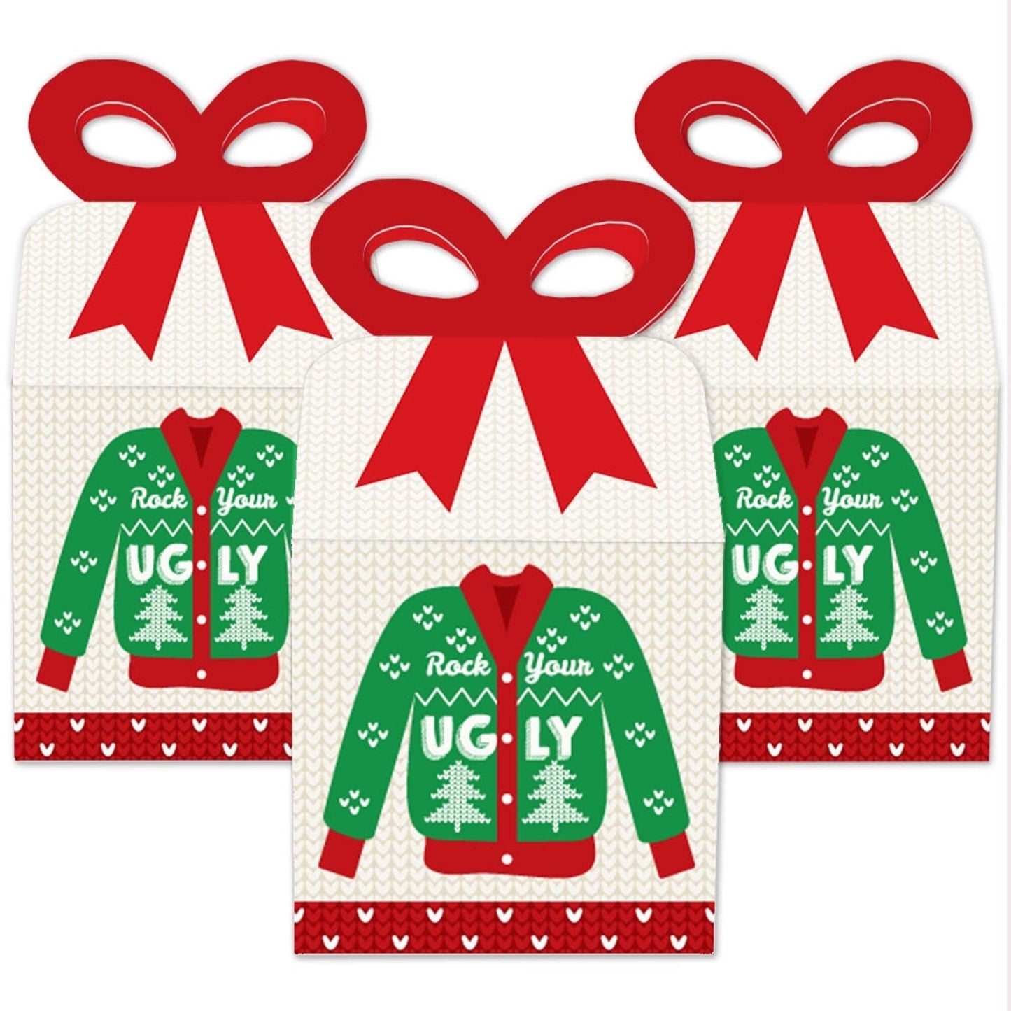 Ugly Sweater - Square Favor Gift Boxes - Holiday and Christmas Party Bow Boxes - Set of 12