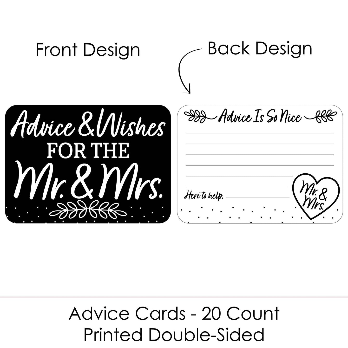 Mr. and Mrs. - Wish Card Black and White Wedding or Bridal Shower Activities - Shaped Advice Cards Game - Set of 20